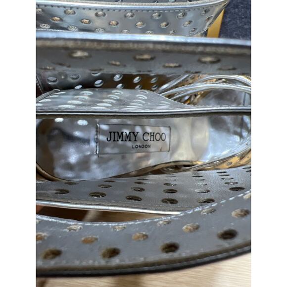 Jimmy Choo Silver Foil Leather Malika Perforated Sandals Size 36.5 - Picture 16 of 17